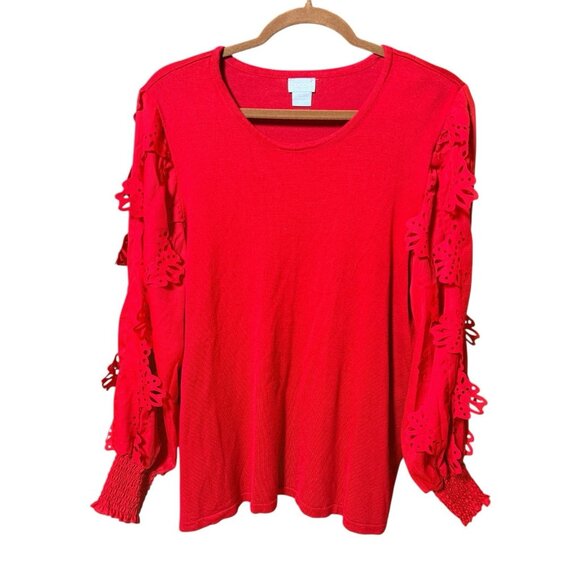 Chicos Red Soft Knit Pullover Lace Applique SLV Sweater Size 3 US XL - Picture 4 of 7